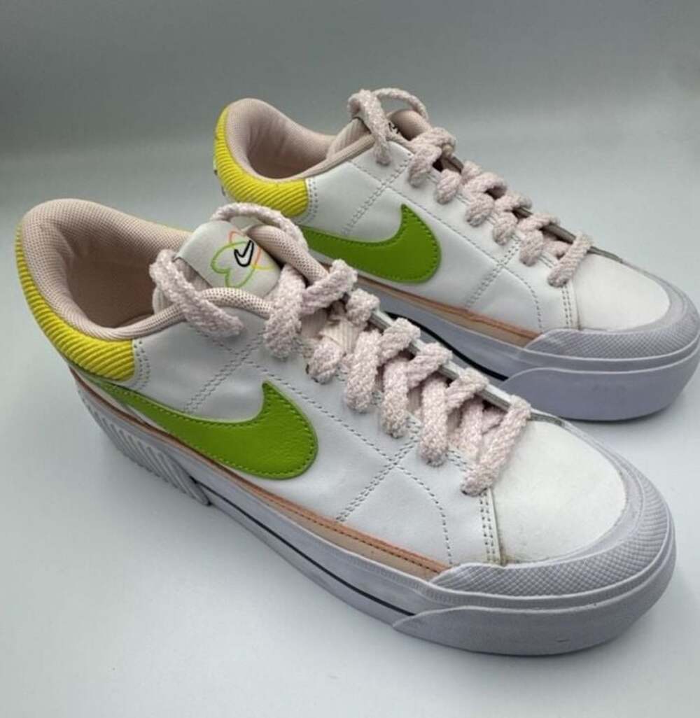 Nike Womens Court Legacy Lift 'Feel Love' Sneakers White/Action Green/Pearl Pink